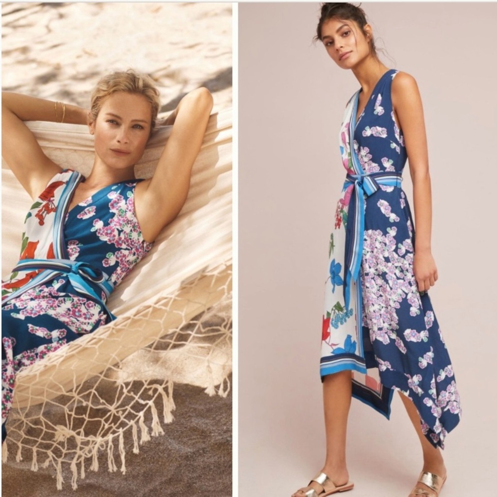 Anthropologie Navy Blue Floral Midi Dress with Multicolor Print